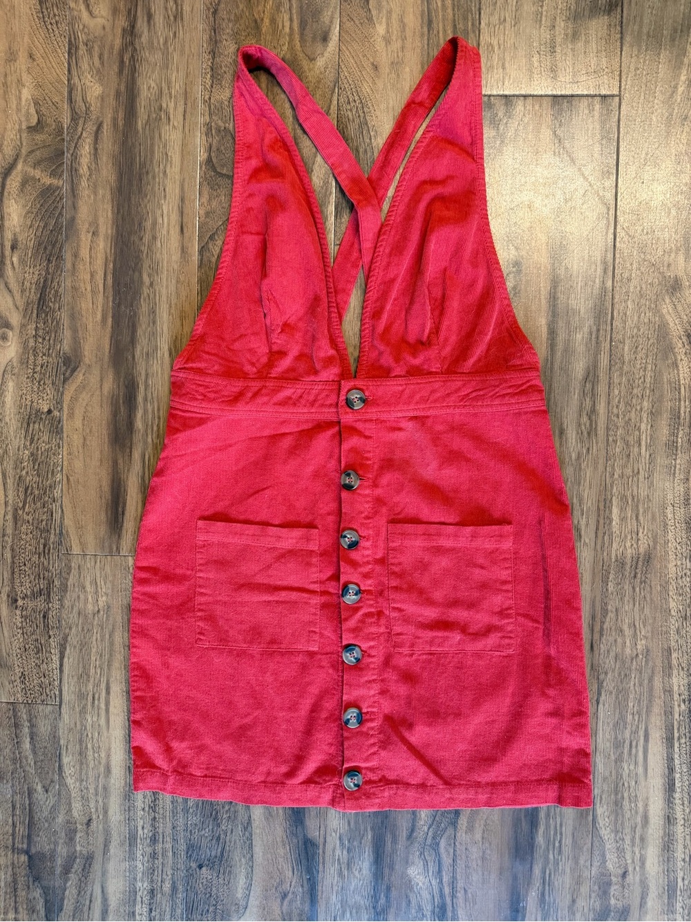 Red Corduroy Button-Front Pinafore Overall Dress